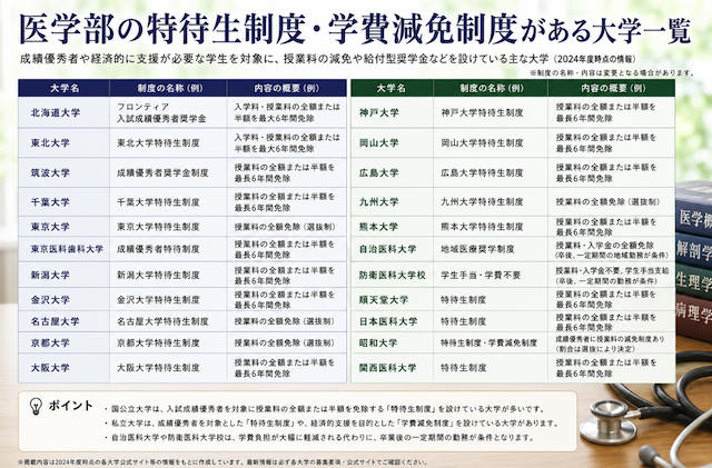 医学部の特待生制度・学費減免制度がある大学一覧