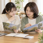 大学案内と電卓を使い、進学費用について相談する親子