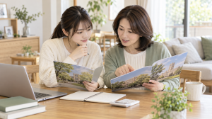 大学案内と電卓を使い、進学費用について相談する親子